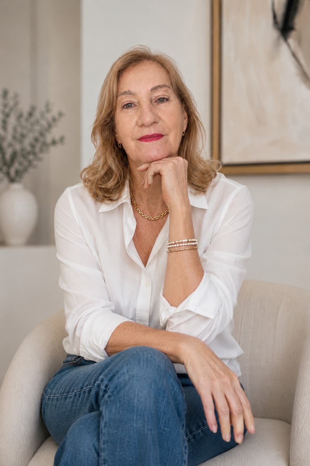 Noene Carneiro sentada em poltrona clara, em ambiente sereno